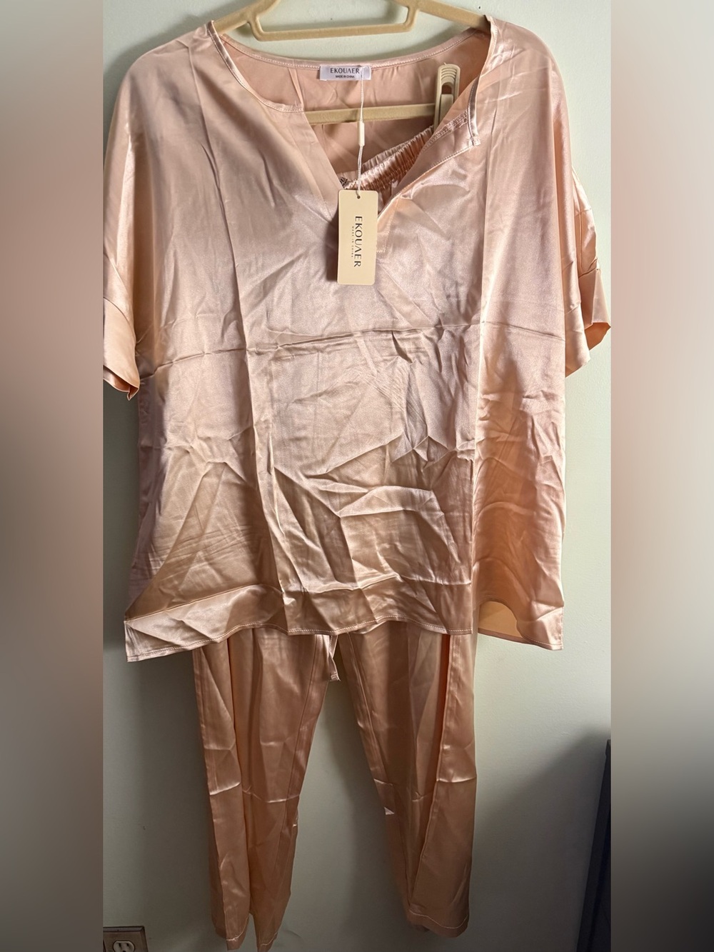 NWT Ekouaer Tan Satin Pajama Pant Set L - Picture 2 of 5